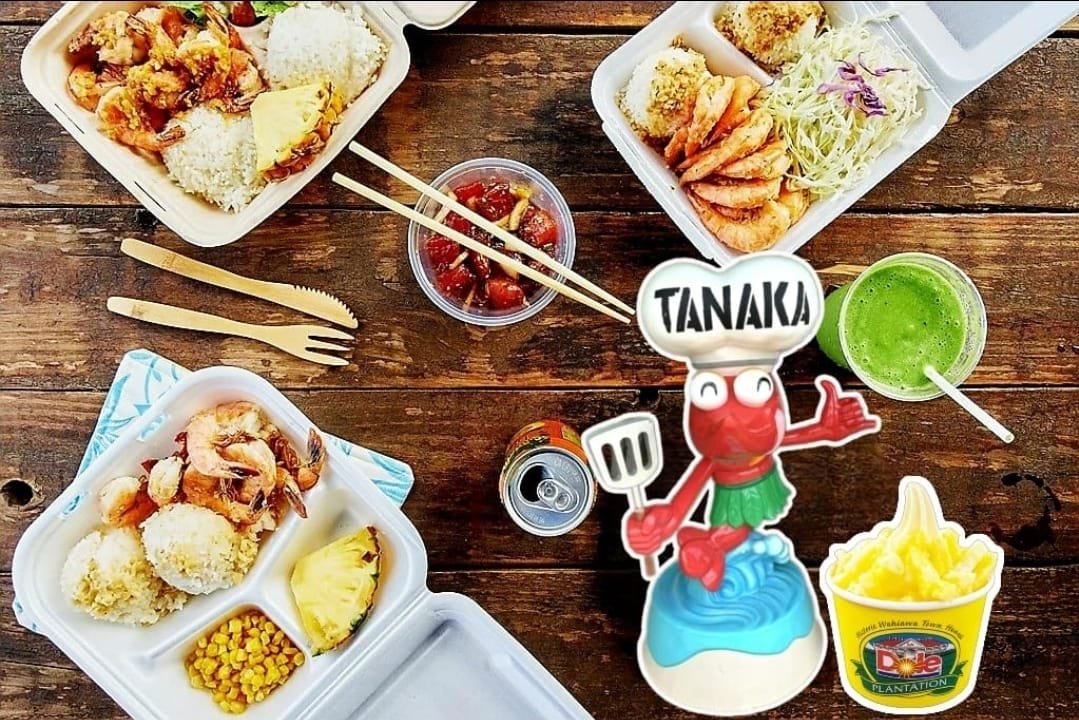Garlic butter shrimp plates with rice from Tanaka's Kahuku shrimp truck